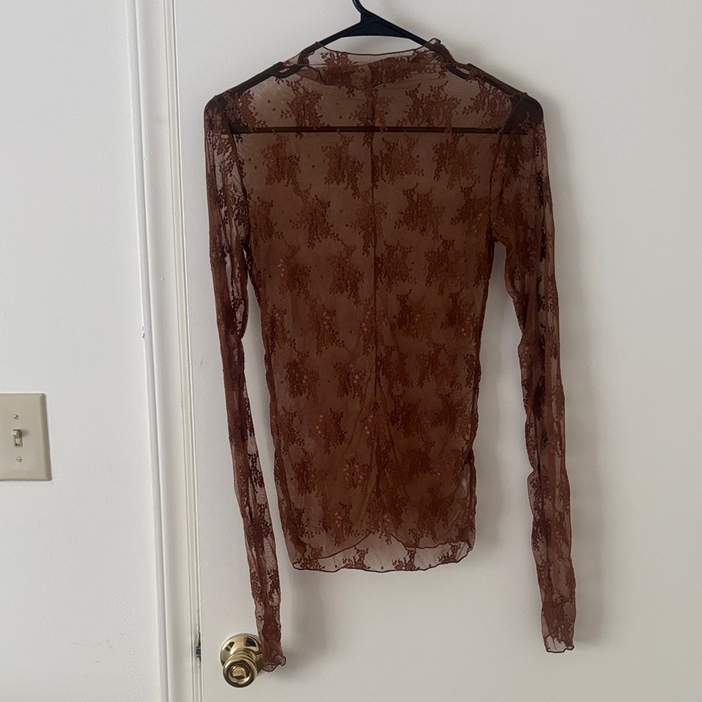 Free People Brown Sheer Lace Long Sleeve Top